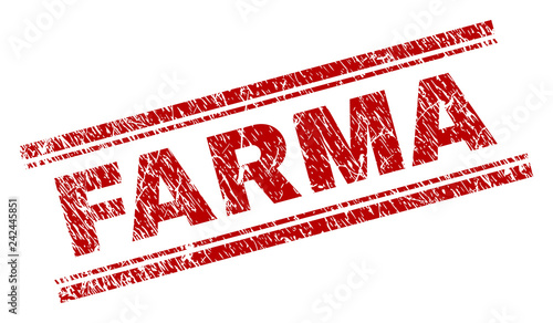 FARMA seal print with corroded texture. Red vector rubber print of FARMA text with scratched texture. Text label is placed between double parallel lines.