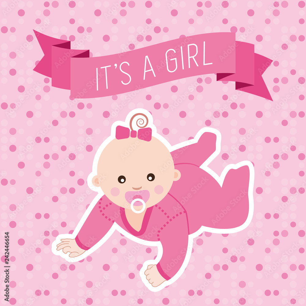 Fototapeta premium Baby shower greeting card with baby girl. Vector illustration.