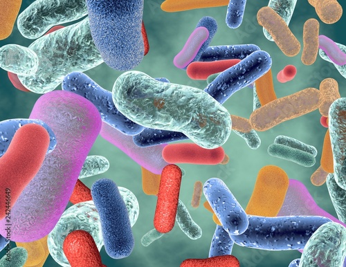 Beneficial healthy intestinal bacterium microflora 3d render.