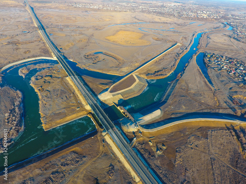 construction of an automobile bridge, aerial photography