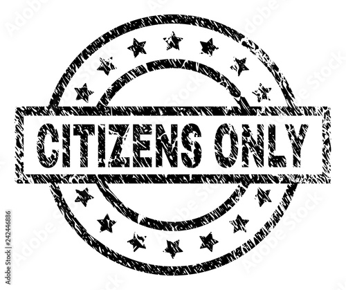 CITIZENS ONLY stamp seal watermark with distress style. Designed with rectangle, circles and stars. Black vector rubber print of CITIZENS ONLY caption with scratched texture.