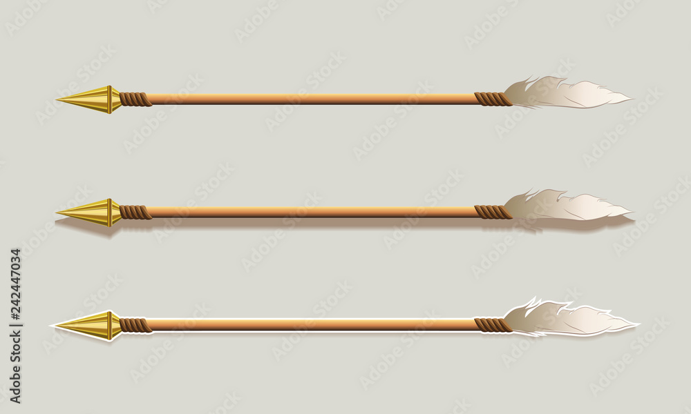 Naklejka Arrow with a golden arrowhead and plumage, design element.