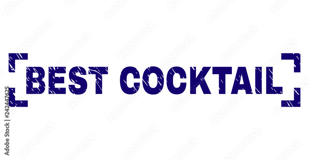 BEST COCKTAIL text seal print with grunge style. Text title is placed between corners. Blue vector rubber print of BEST COCKTAIL with dust texture.