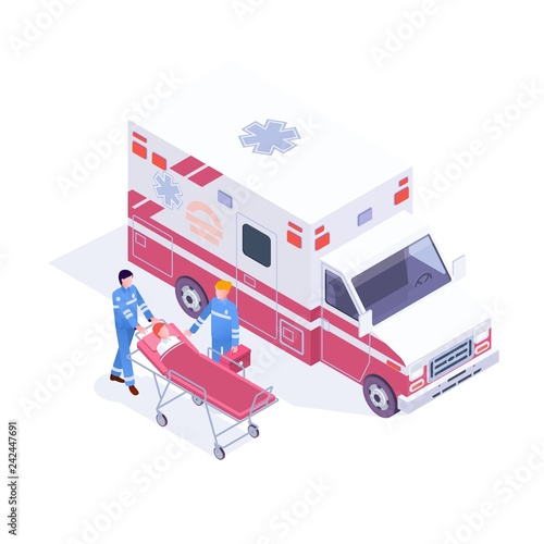Isometric Ambulance Service with Emergency Car, Nurse Doctor and Patient. Vector illustration