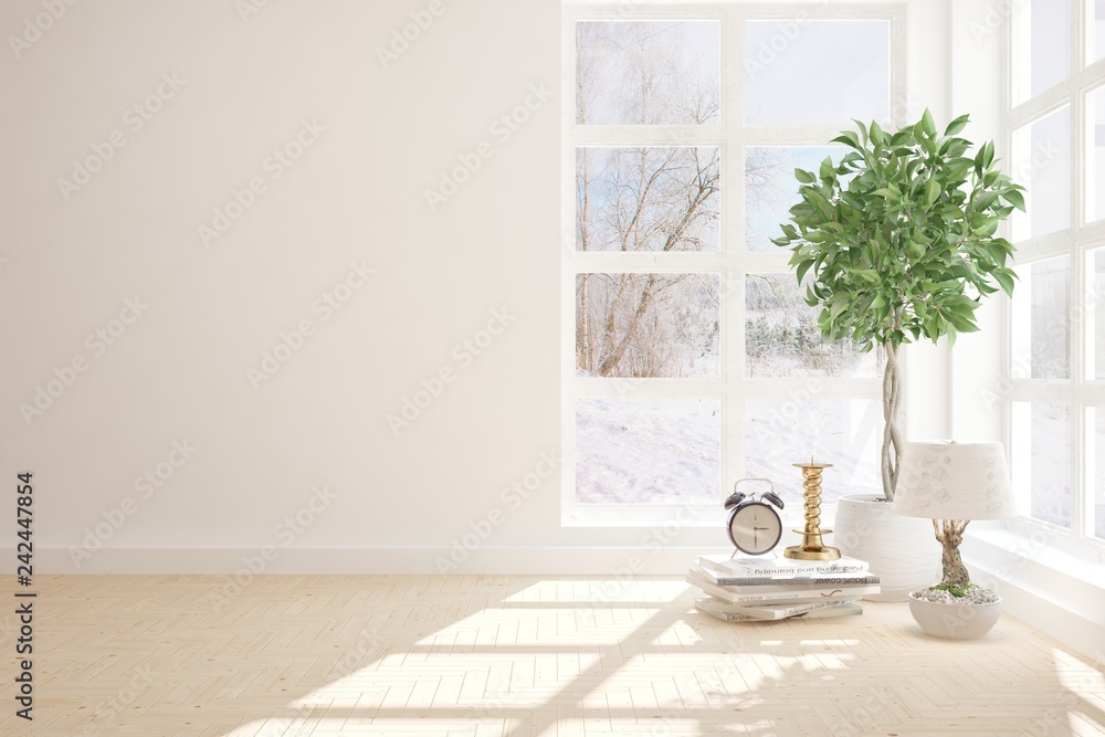White Empty Room With Winter Background In Window Scandinavian Interior Design 3d Illustration Stock Illustration Adobe Stock