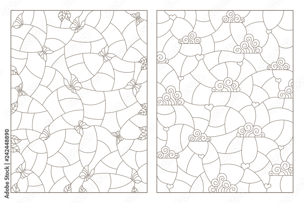 Set of contour illustrations of stained glass Windows with backgrounds, butterflies and clouds with hearts, dark contours on a white background