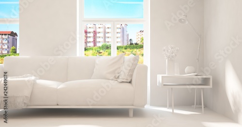 White room with armchair and green landscape in window. Scandinavian interior design. 3D illustration