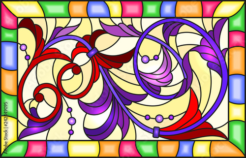 Illustration in stained glass style with a branch of a  plant with purple swirls on a yellow background in a bright frame,rectangular image