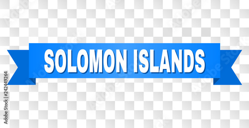 SOLOMON ISLANDS text on a ribbon. Designed with white caption and blue stripe. Vector banner with SOLOMON ISLANDS tag on a transparent background.