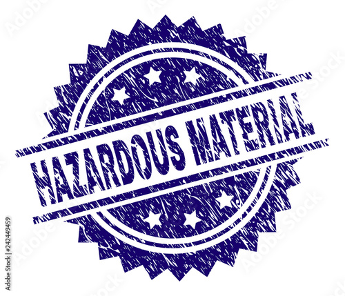 HAZARDOUS MATERIAL stamp seal watermark with distress style. Blue vector rubber print of HAZARDOUS MATERIAL text with grunge texture.