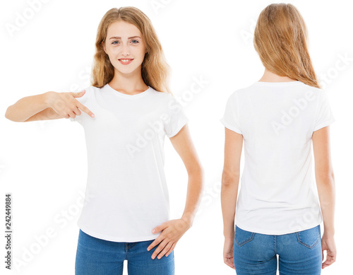 white woman in white t-shirt set isolated, blank,logo,empty