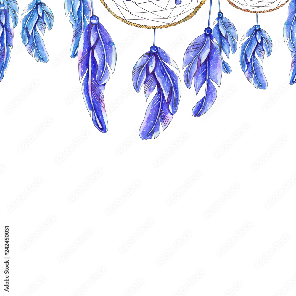 Watercolor hand drawn template of dreamcatcher and feathers.