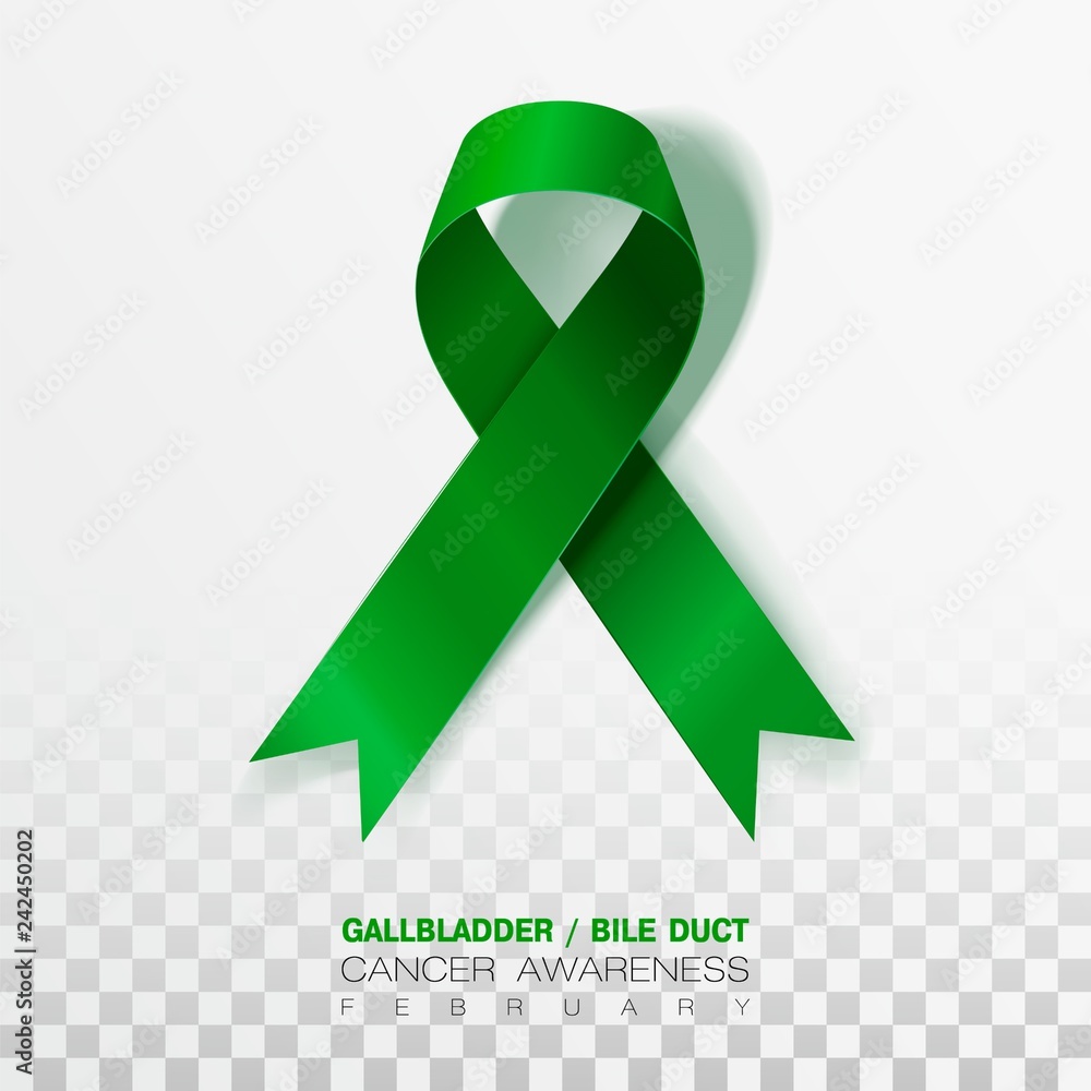 Gallbladder and Bile Duct Cancer Awareness Month. Realistic Kelly Green ribbon symbol. Medical Design. Vector Illustration. Gallbladder and Bile Duct Cancer Awareness Month. Realistic Kelly Green ribbon symbol. Medical Design. Vector Illustration.