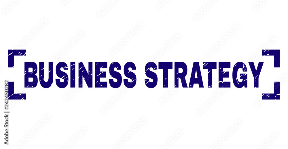 BUSINESS STRATEGY caption seal print with distress effect. Text caption is placed inside corners. Blue vector rubber print of BUSINESS STRATEGY with retro texture.