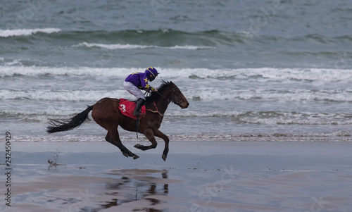 Galloping race horse and jockey on wet sand beach, ocean waves in the background