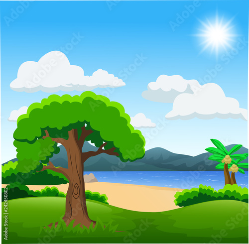 Nature illustration with green forest  calm lake and mountains