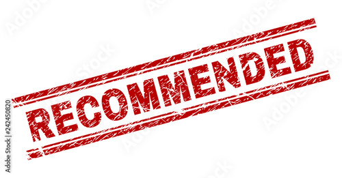 RECOMMENDED seal print with corroded texture. Red vector rubber print of RECOMMENDED text with corroded texture. Text label is placed between double parallel lines.