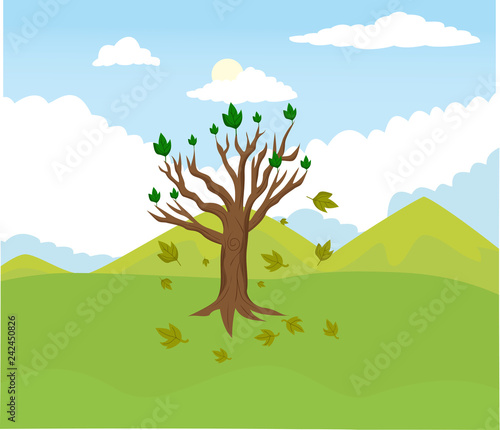 Illustration of cartoon tree abort leaves with mountain background