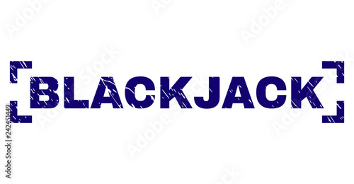 BLACKJACK caption seal print with grunge style. Text caption is placed inside corners. Blue vector rubber print of BLACKJACK with retro texture.
