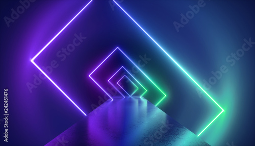 3d render, virtual reality environment, neon light, rectangular portal, tunnel, ultraviolet spectrum, abstract background, laser show, fashion catwalk podium, path, way, stage, floor reflection