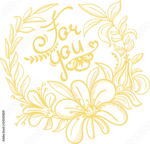 For you love card in engraving style. Gold and white color. Line art template for card  poster  banner  print  wedding card