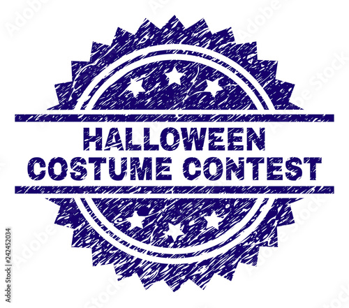 HALLOWEEN COSTUME CONTEST stamp seal watermark with distress style. Blue vector rubber print of HALLOWEEN COSTUME CONTEST text with dust texture.