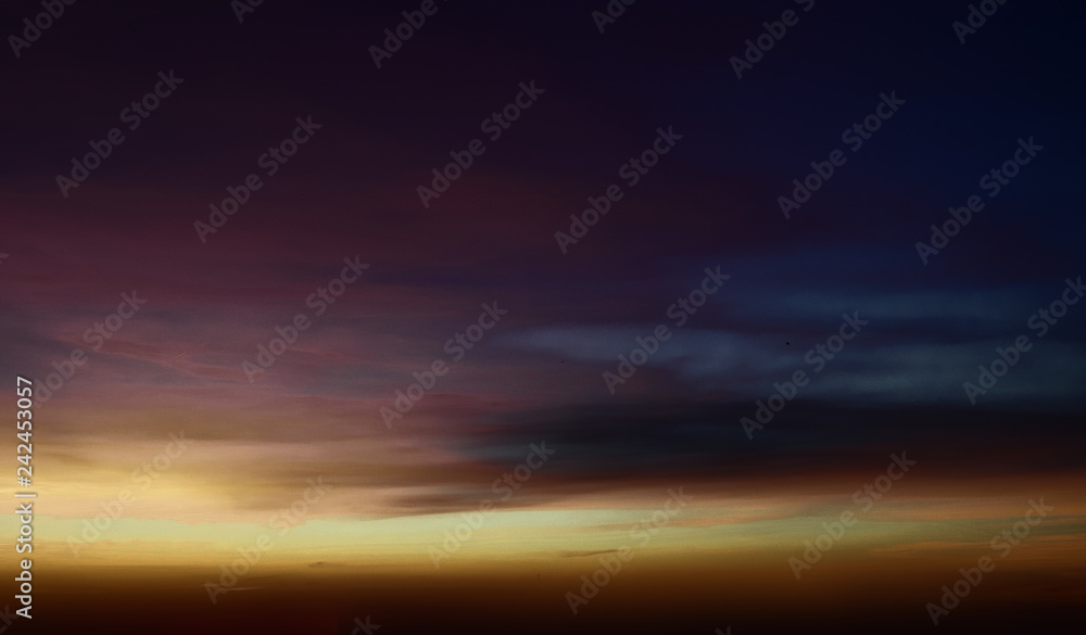 Dark Dramatic Sky with clouds - sunrise panoramic landscape background. Depression concept.