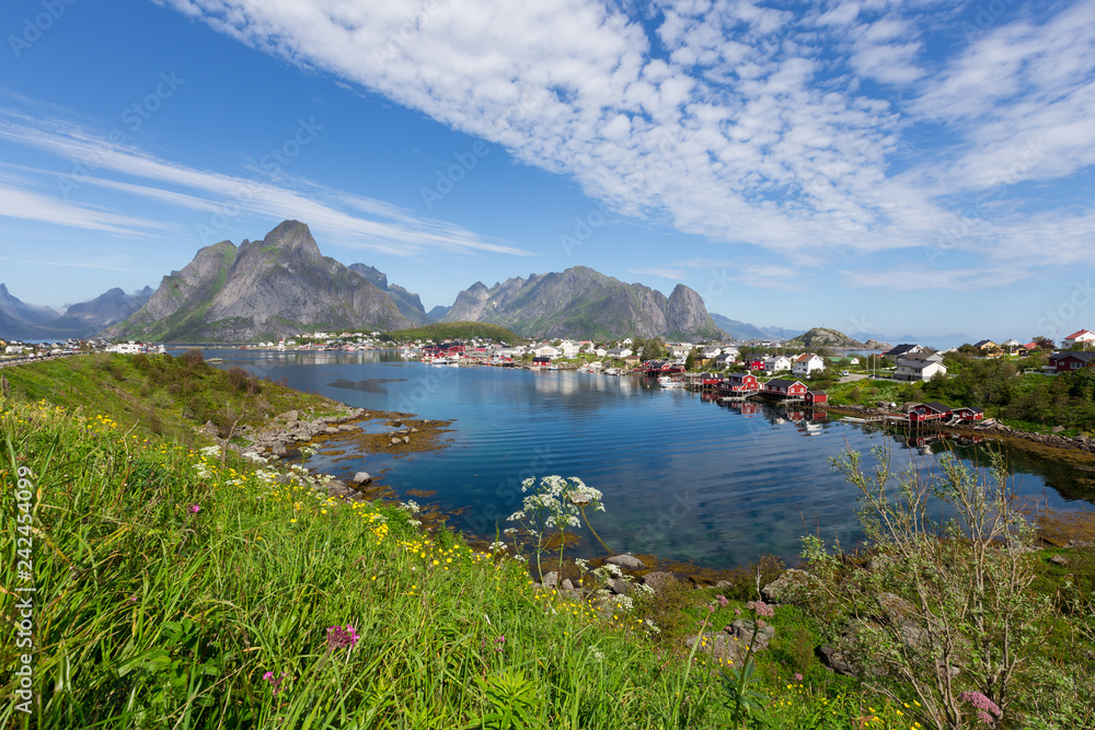 View of mountains and Reine in Lofoten islands, Norway. Beautiful summer day