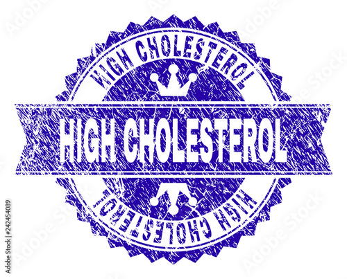 HIGH CHOLESTEROL rosette stamp watermark with grunge style. Designed with round rosette, ribbon and small crowns. Blue vector rubber watermark of HIGH CHOLESTEROL tag with dust style.