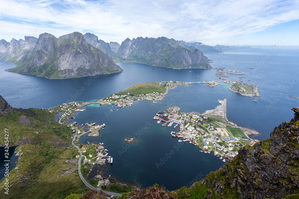 View of mountains and Reine in Lofoten islands, Norway. Beautiful summer day