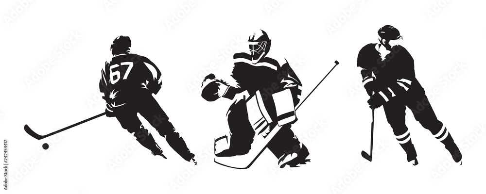 Fototapeta premium Hockey players, group of isolated vector silhouettes. Ice hockey ink drawings
