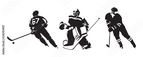 Hockey players, group of isolated vector silhouettes. Ice hockey ink drawings photo