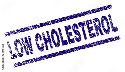 LOW CHOLESTEROL seal print with grunge style. Blue vector rubber print of LOW CHOLESTEROL caption with scratched texture. Text caption is placed between parallel lines.