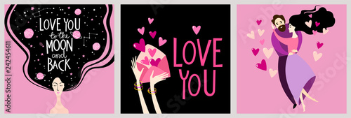 Set of vector Valentine's Day Card with a happy dancing couple in cartoon style, love letter and beautiful young woman