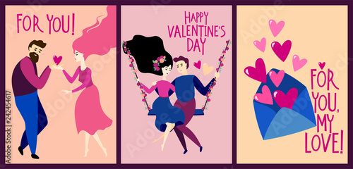 Set of vector Valentine's Day poster with a happy couple in cartoon style and...