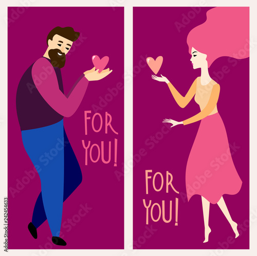 Set of vector Valentine's Day Card with a happy couple in love