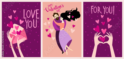 Set of vector Valentine's Day Card with a happy dancing couple in cartoon sty...