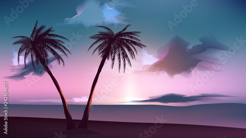 Summer tropical backgrounds with palms, sky and sunset. Summer poster flyer invitation card. Summertime. vector illustration.EPS 10