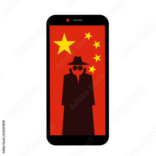Chinese mobile and smartphone as device for spying, espionage, surveillance and privacy control. Vector illustration
