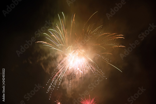 Exploding firework and foggy dark night sky New Years Eve celebration.