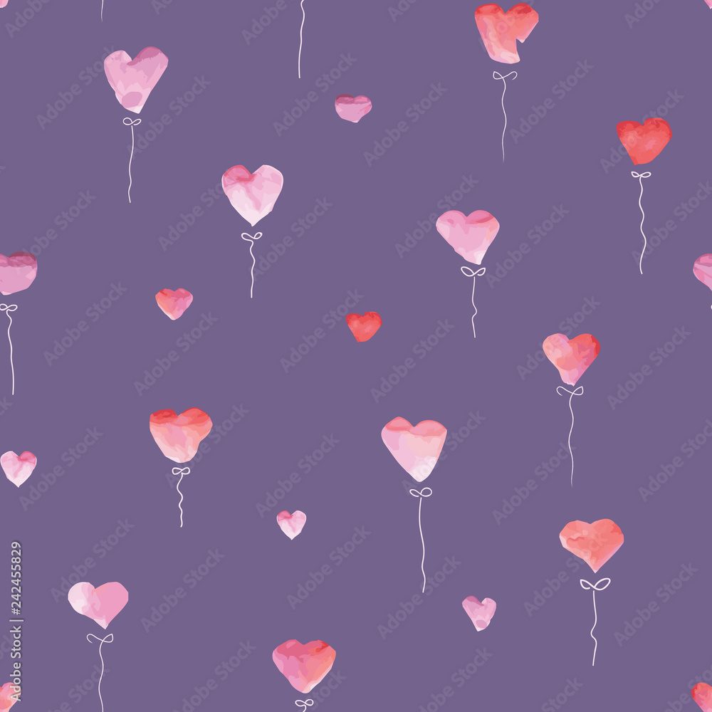 Vector Watercolor Heart Balloons seamless pattern background. Perfect for fabric, scrapbooking and wallpaper projects.