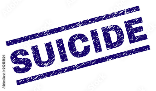 SUICIDE seal print with grunge style. Blue vector rubber print of SUICIDE title with unclean texture. Text title is placed between parallel lines.