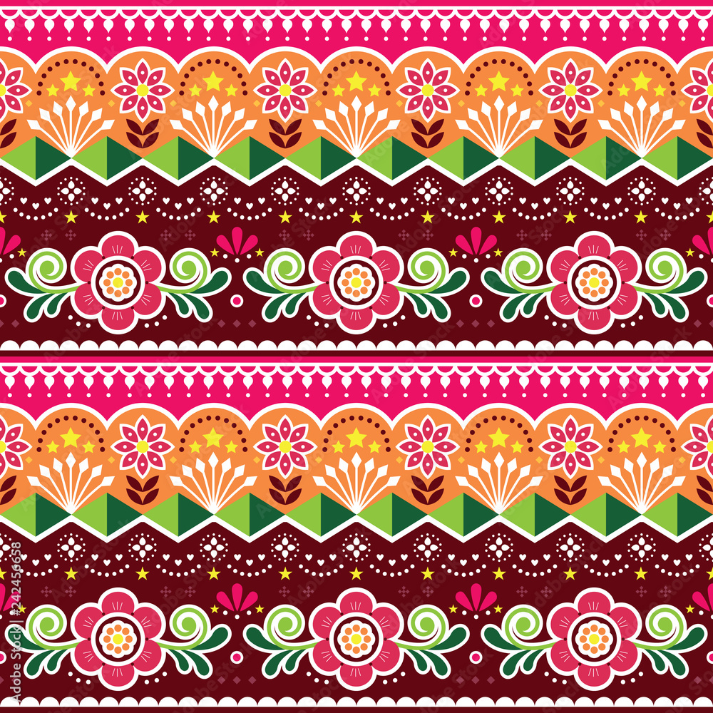 Pakistani or Indian truck art vector seamless pattern, Indian truck floral design with flowers, leaves and abstract shapes