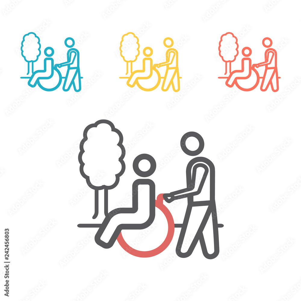 Disabled walking. Patient care line icon. Vector sign for web graphic Disabled walking. Patient care line icon. Vector sign for web graphic
