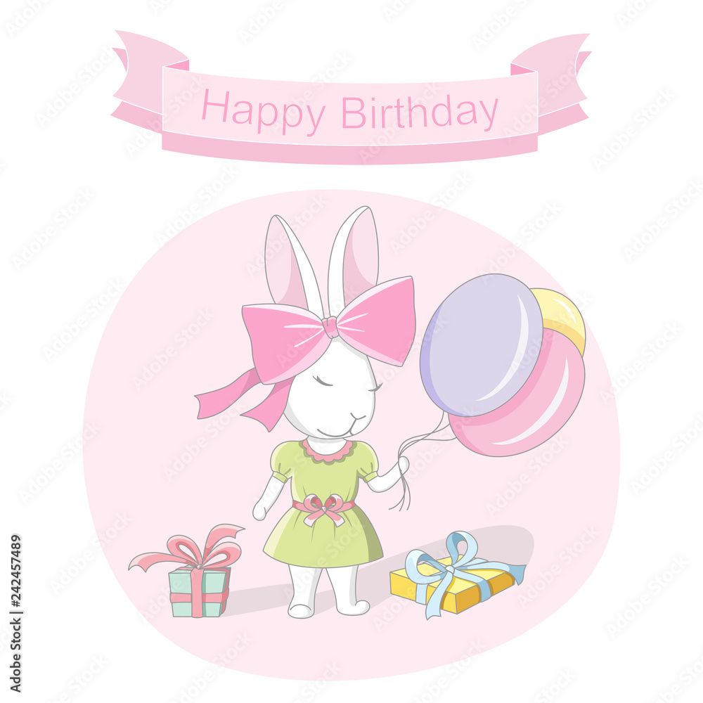Illustration of a happy birthday. White bunny holds balloons.