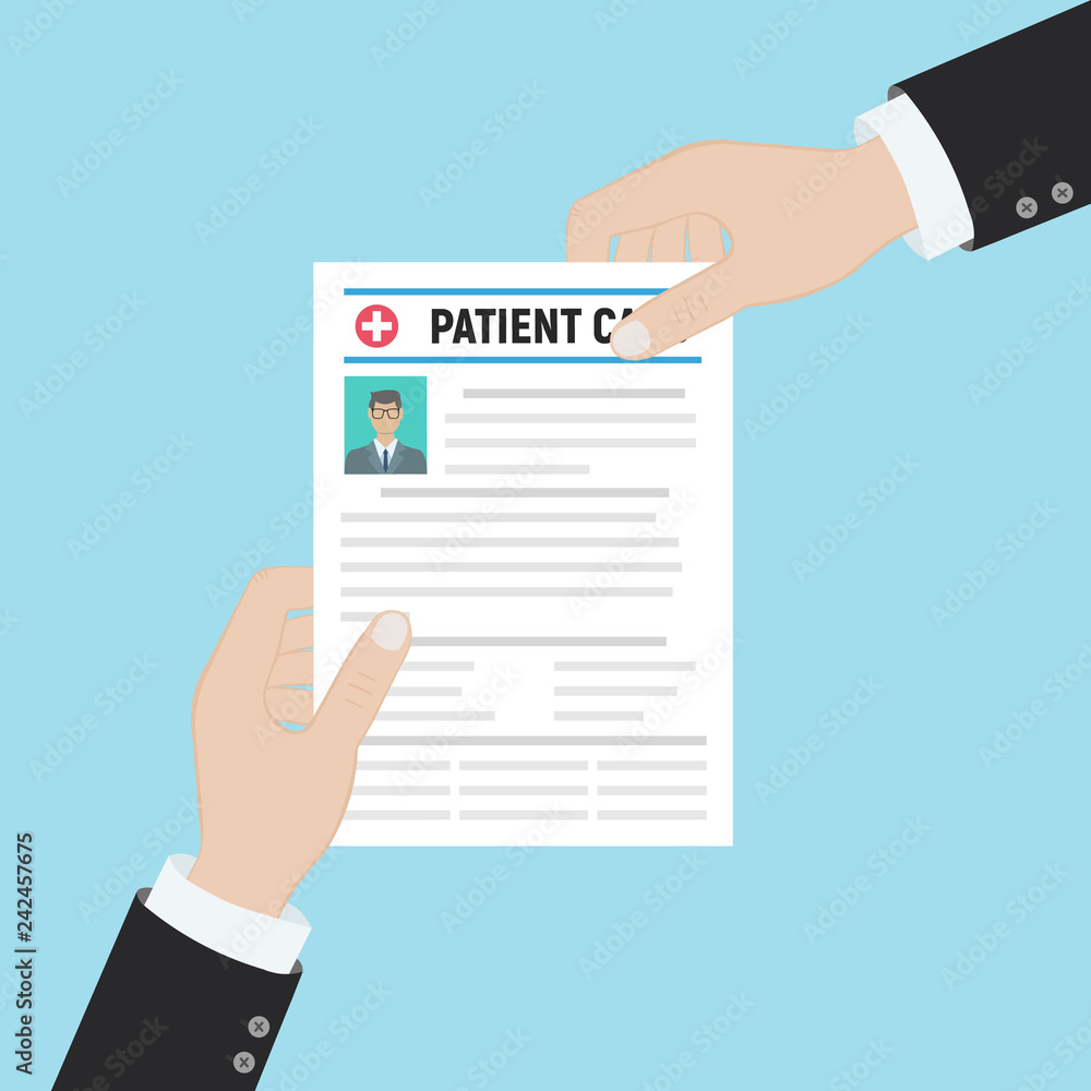 Folder with patient card and doctors hand with magnifying glass. medical report. analysis or prescription concept. vector illustration in flat style. Folder with patient card and doctors hand with magnifying glass. medical report. analysis or prescription concept. vector illustration in flat style.