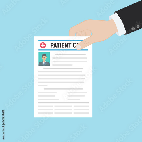 Folder with patient card and doctors hand with magnifying glass. medical report. analysis or prescription concept. vector illustration in flat style. © liubomir118809