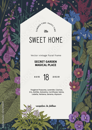 Vintage vector card. Sweet house in the secret garden. Summer garden flowers. Classic illustration. Purple, blue, violet color