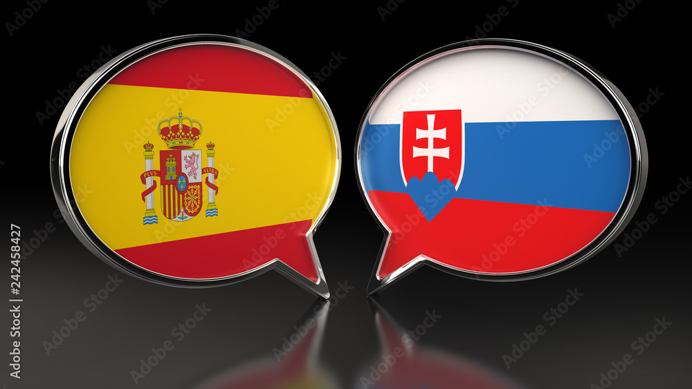 Obraz premium Spain and Slovakia flags with Speech Bubbles. 3D illustration