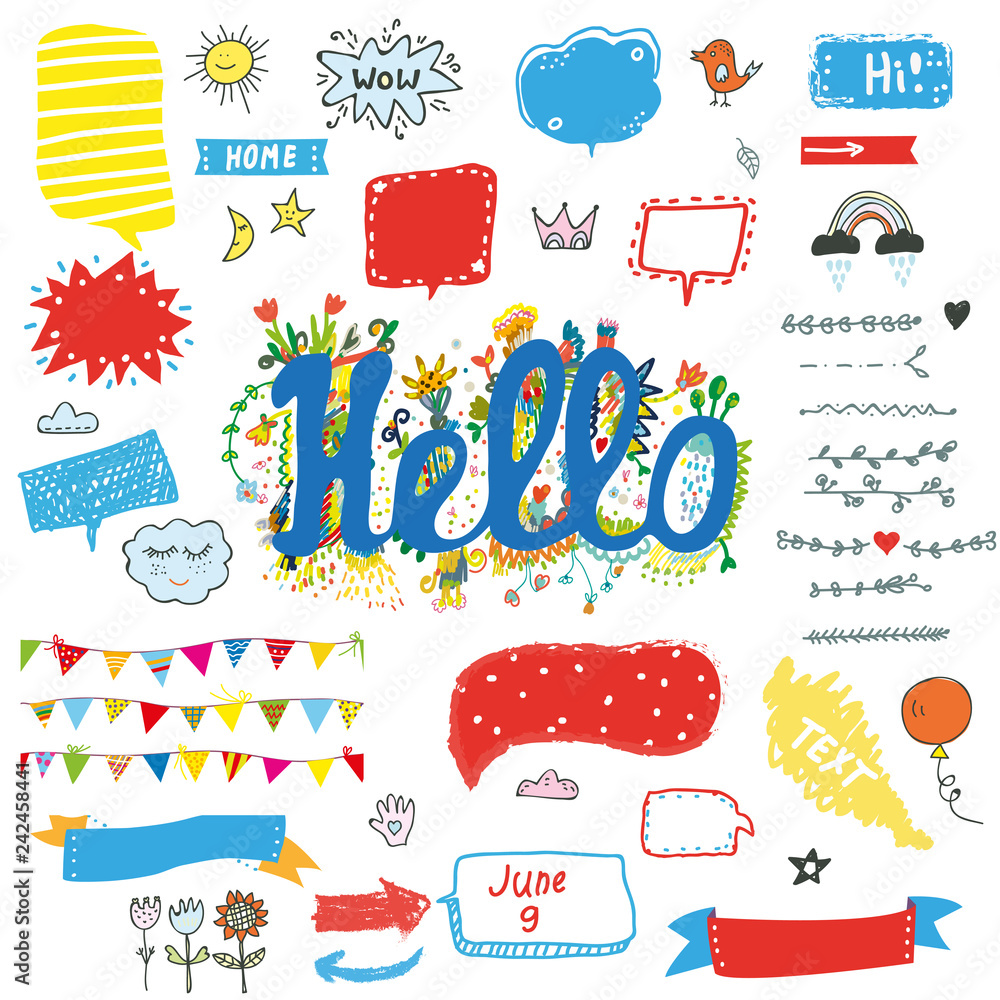 Hello funny stickers and posters set for kids, vector graphic illustration
